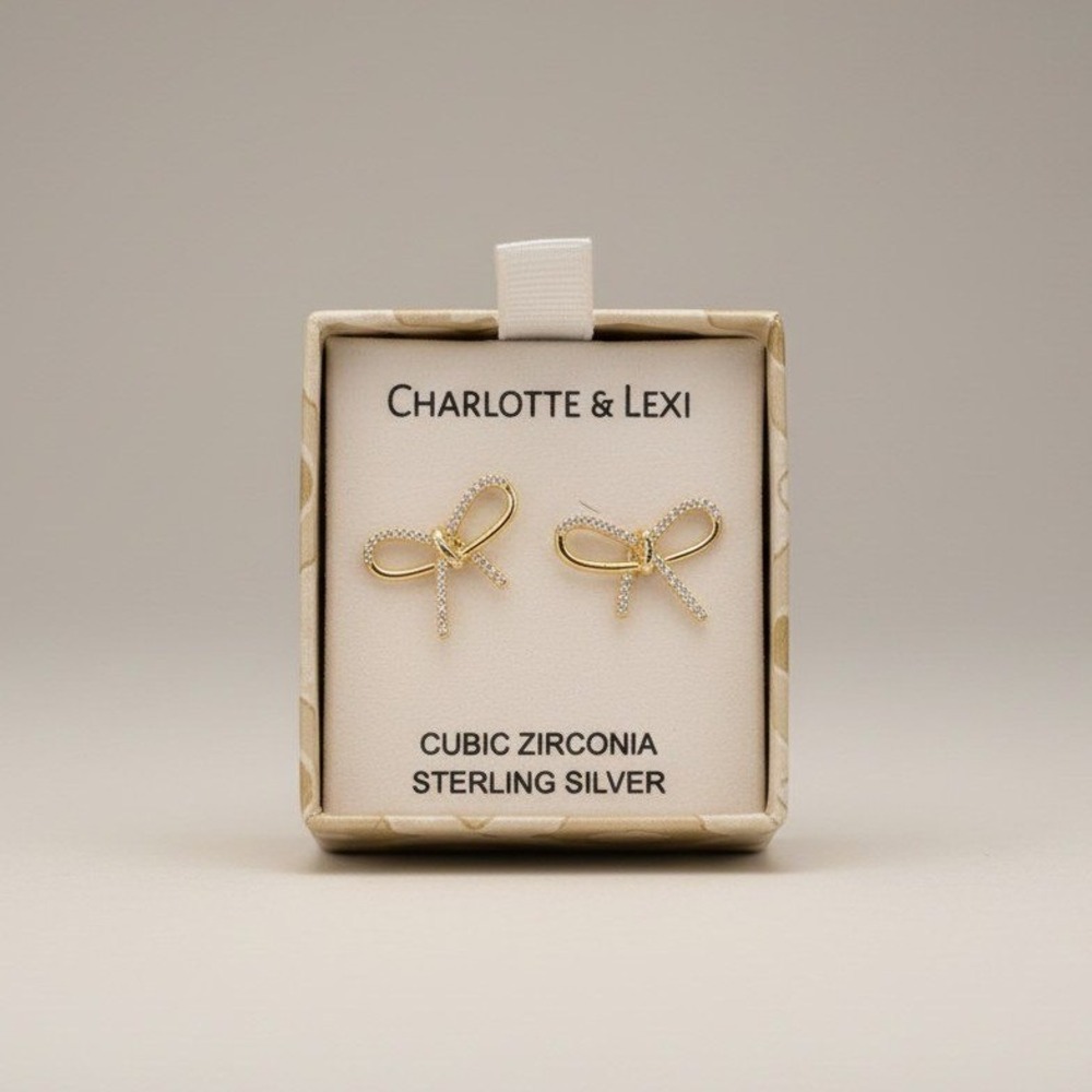 Charlotte & Lexi Sterling Silver Cubic‎ Zirconia Bow Earrings - Gold Tone - NIB